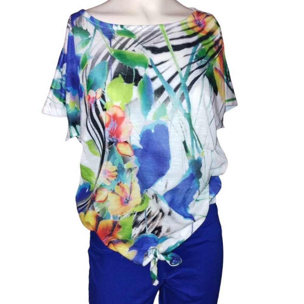 Chicos Top Women' 0/S Tropical Floral Pullover Cap Sleeve Tie Front Semi-sheer